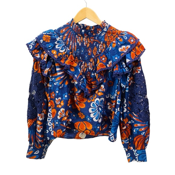 FARM RIO Smocked Pineapple Flowers Navy Blue Blouse Size Small - Picture 6 of 13